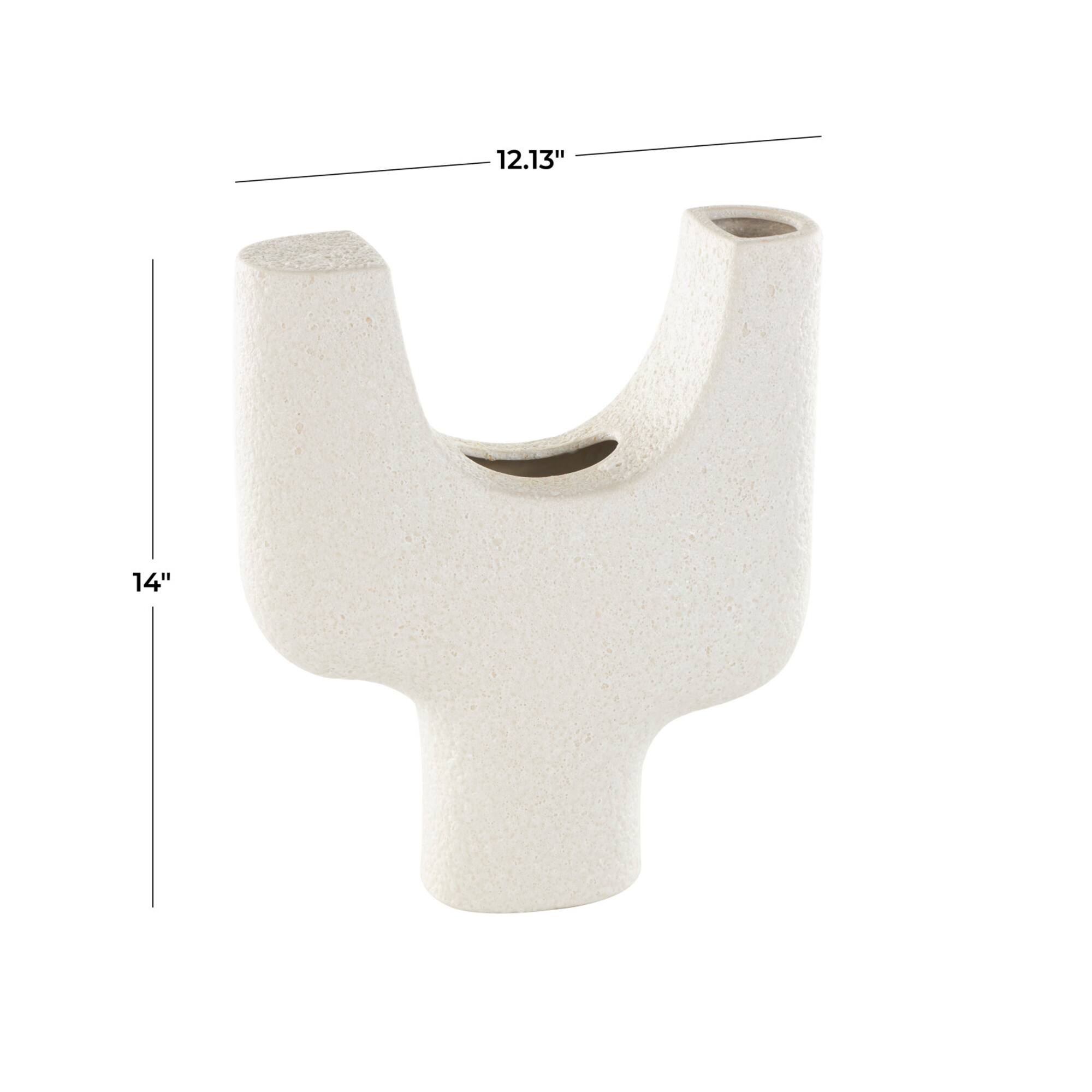 14" Speckled White Abstract Curved Ceramic Vase with Dual Openings